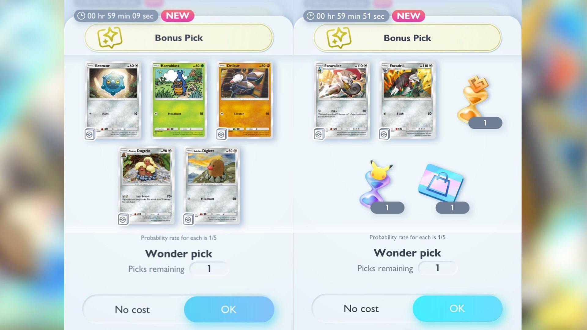 Pokemon TCG Pocket Metal-Type Mass Outbreak Wonder Pick Bonus Picks as seen in the game (Image via The Pokemon Company)